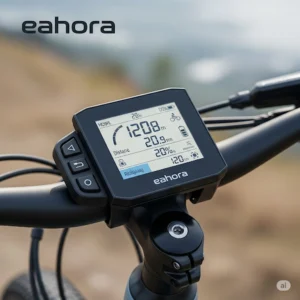 Close-up illustration of the intuitive digital display panel on an Eahora e-bike, showing key riding metrics and controls. 