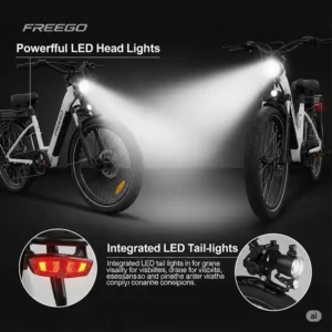 Illustration highlighting key safety features of a Freego e-bike, including bright LED headlights and taillights for enhanced visibility.