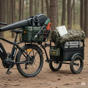  Rambo e-bike equipped with practical hunting accessories like a cargo rack and trailer.