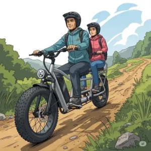 Illustration depicting a rugged 2 seater electric bike on a light off-road trail, indicating its versatility for various terrains.