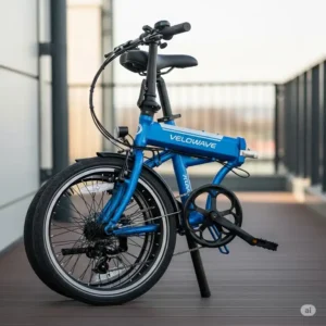 Velowave folding e-bike in its compact, folded state, illustrating its portability and easy storage.