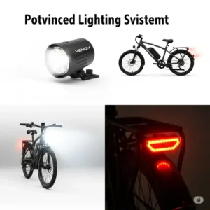 Bright LED headlight and taillight system of a venom ebike, ensuring visibility and safety during night rides.
