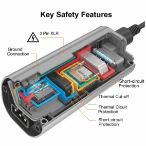  "Illustration highlighting the safety features incorporated in a 3 pin xlr e bike charger."