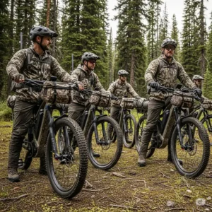 Group of hunters with their best ebikes for hunting, prepared for a backcountry adventure in a remote wilderness area, showcasing the best ebike for hunting.