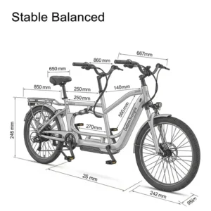 Technical illustration detailing the key dimensions and frame design of a 2 seater electric bike, highlighting its stable and balanced construction.