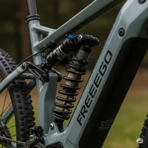 Detailed view of the Freego e-bike's advanced suspension system, ensuring a comfortable and smooth ride over various terrains.
