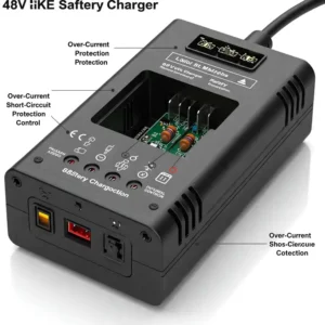 Safety features highlighted on a 48v ebike battery charger for secure charging.