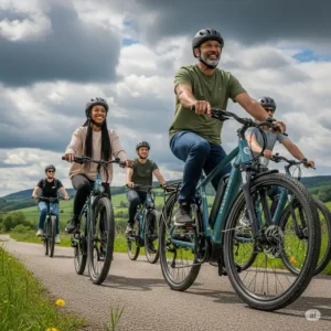 Group of riders enjoying a cycling adventure on their velowave e-bikes, demonstrating versatility for outdoor activities.