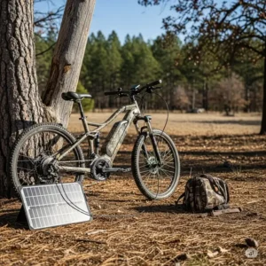 Best ebike for hunting being charged in a rustic outdoor setting, showcasing convenience for hunters in remote locations needing the best ebike for hunting.