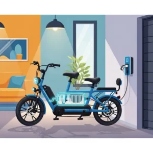 Illustration of a 2 seater electric bike being conveniently charged at home, emphasizing the ease of recharging its battery.