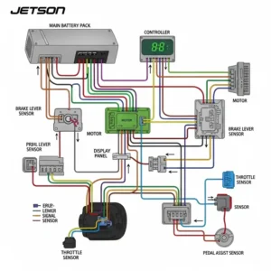 Detailed illustration of a **Jetson e-bike** wiring harness, demonstrating the interconnectedness of various electrical parts and components.