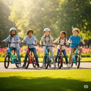 "Multiple children enjoying riding their Stacyc e bikes together in a park setting, emphasizing the social and outdoor benefits."
