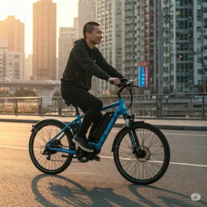 A person riding an electric bike powered by a forty8v lithium ion battery ebike through a city landscape.