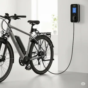 Wired Freedom ebike connected to a charger, illustrating the ease and convenience of recharging its powerful battery for your next journey.