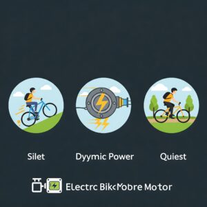 Icons illustrating the benefits of using an electric bike motor: efficiency, power, and quiet operation.