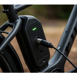Close view of an e bike's charging port, illustrating where the charging e bike cable connects.