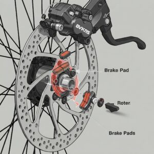 "Diagram illustrating the components of an e bike disc brake, highlighting the location of the e bike brake pads."