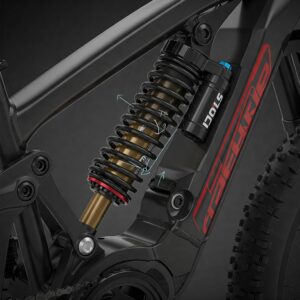 e bike suspension: Close-up illustration of the rear suspension shock on an electric bicycle, emphasizing its role in absorbing bumps.