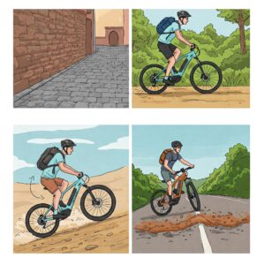 e bike suspension: Illustration demonstrating how e-bike suspension enhances rider comfort by absorbing vibrations and impacts on various surfaces.