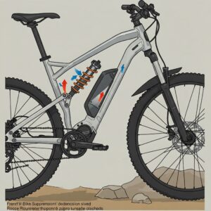 e bike suspension: Diagram showing the suspension travel of an e-bike, illustrating how it compresses and extends over uneven terrain.