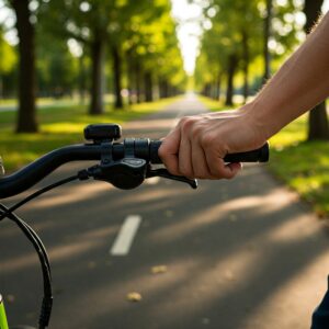 "A hand comfortably operating an e bike thumb throttle while riding an electric bicycle."