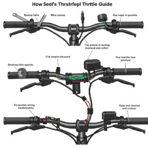 "Step-by-step illustration on how to install an e bike thumb throttle on an e bike handlebar."