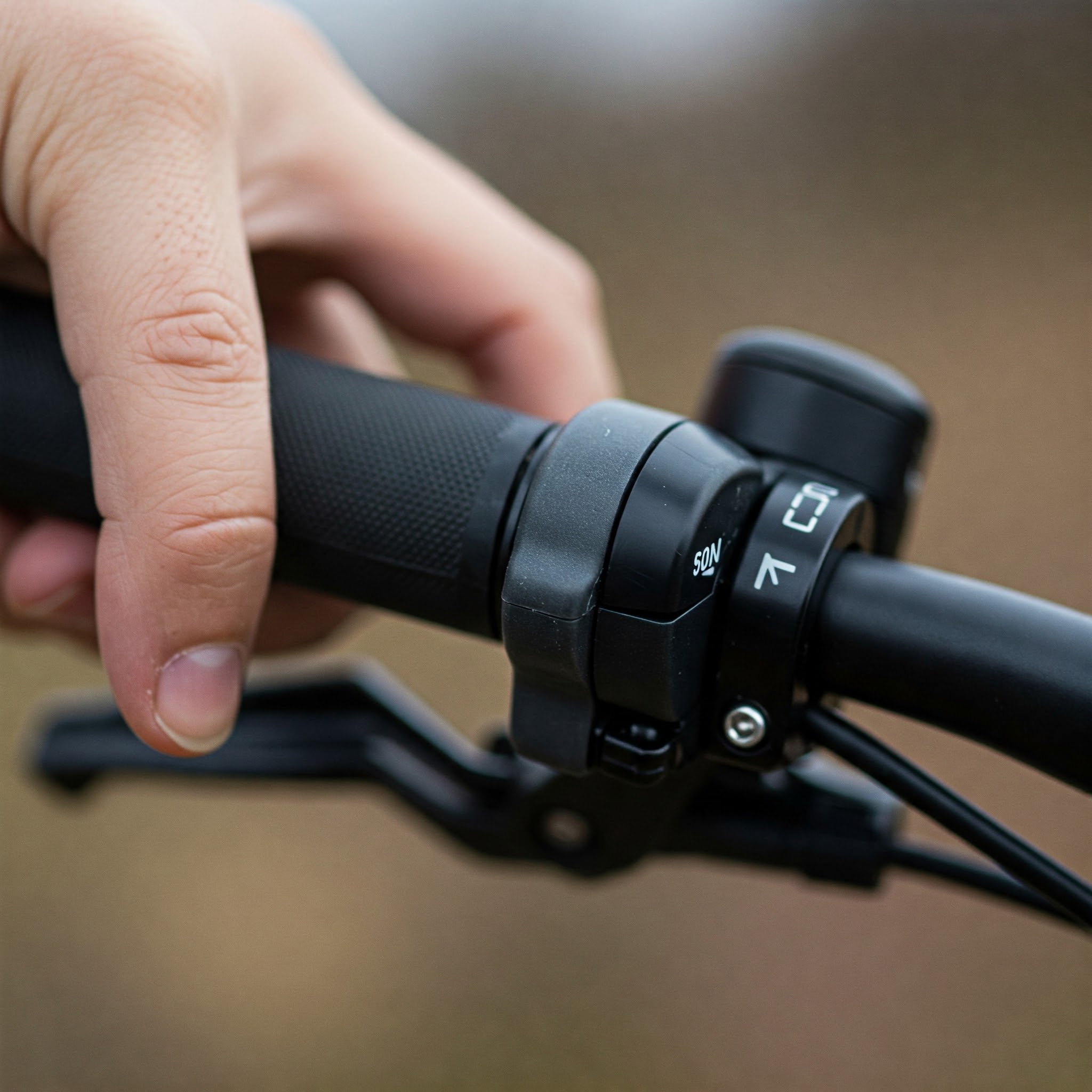 "Close-up view of an e bike thumb throttle, showing its ergonomic design and easy operation."