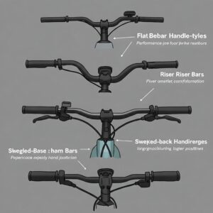 "Illustration showing various ebike handlebars styles including flat bars, riser bars, and swept-back handlebars."