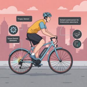 "Illustration of a cyclist riding an ebike, with emphasis on how the torque sensor ebike detects the rider's pedaling effort."