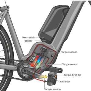 "Illustration showing the typical location of a torque sensor ebike within an electric bicycle frame, often near the bottom bracket."