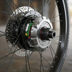 Ebike wheel with integrated hub motor.