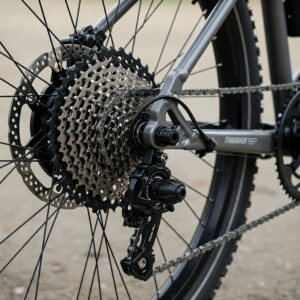 Rear ebike wheel showing the cassette and motor. 