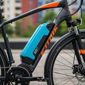 An electric bike with its powerful 52v ebike battery clearly visible.