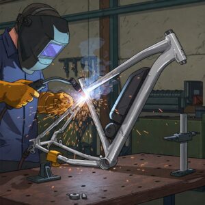 An illustration depicting the construction or welding process involved in creating a sturdy electric bike frame.