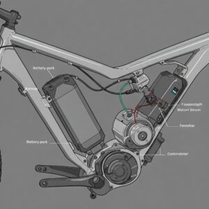 Illustration highlighting the essential components integrated into an electric bike frame, such as the battery and motor mounts.
