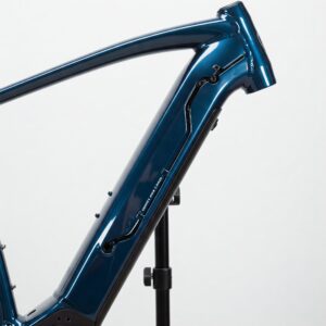 Detailed view of an electric bike frame demonstrating the clean and aerodynamic design achieved through internal cable routing.
