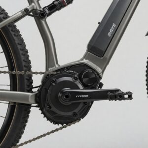 Electric bike motor mounted on a bicycle frame, showing its typical placement.