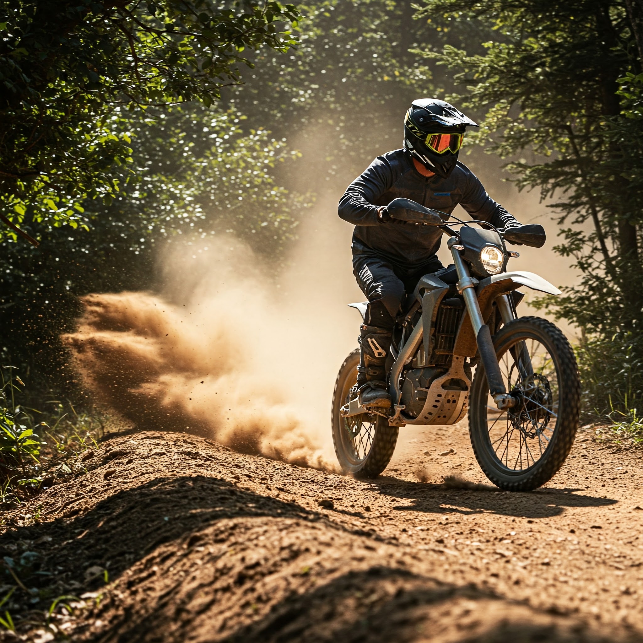 "An adult rider powerfully maneuvering an electric dirt bike for adults on a rugged trail."