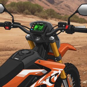 "Illustration showing the handlebars and digital display of an electric dirt bike for adults."