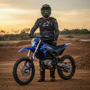 "An adult rider equipped with safety gear standing next to their electric dirt bike for adults."