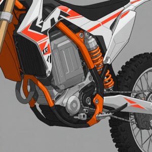 "Close-up illustration highlighting the suspension system of an electric dirt bike for adults."