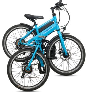 A foldable 24 inch e bike in its compact folded state.