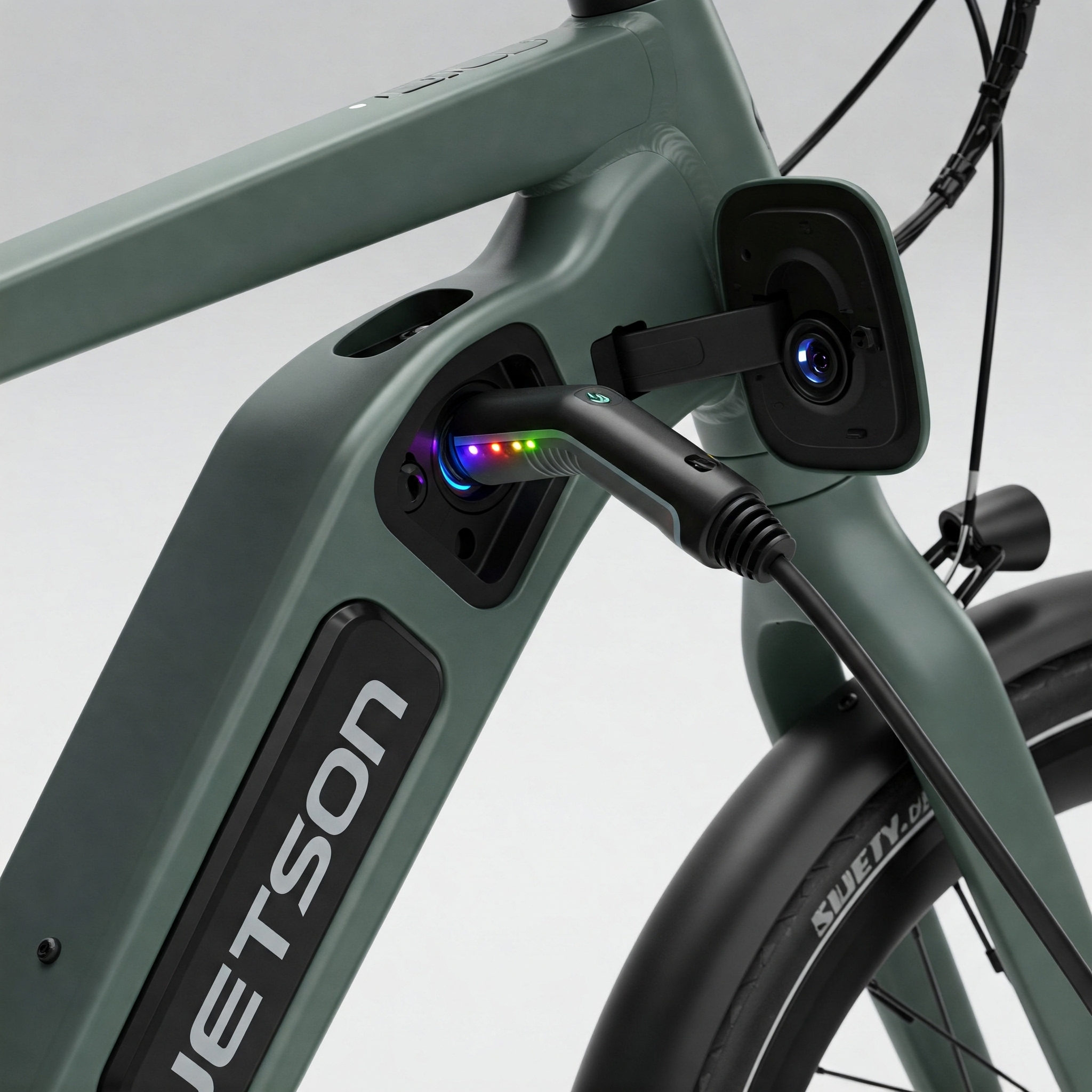 A jetson ebike charger connected to an ebike, indicating the charging process.