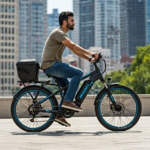 Person comfortably riding a 24 inch e bike in an urban environment.