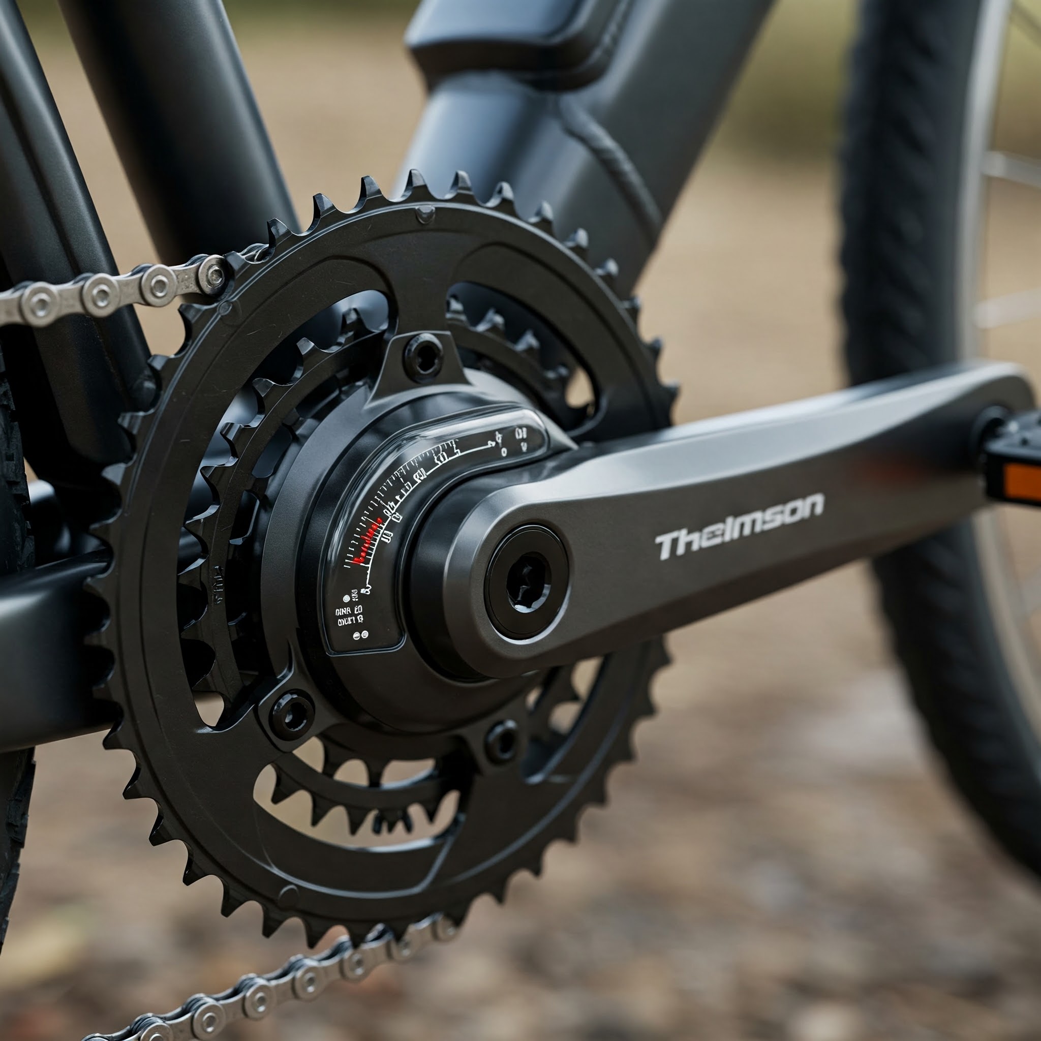 "Close-up view of a torque sensor ebike system integrated into the crankset, showcasing the technology for precise pedal assist."