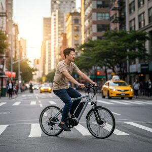 Person riding a nimble 20 inch e bike through the city. 