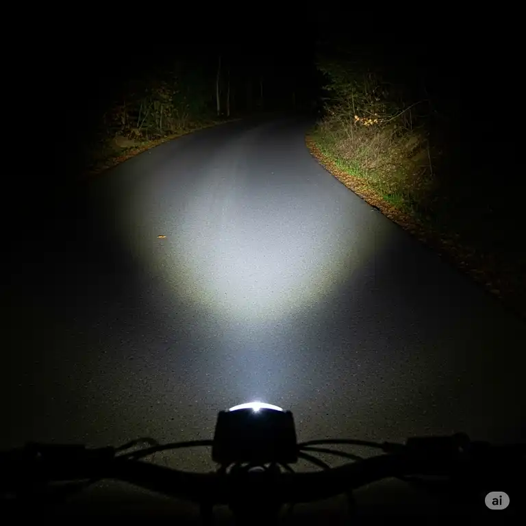 Bright e-bike front light illuminating a dark road, enhancing visibility and safety for nighttime riding.