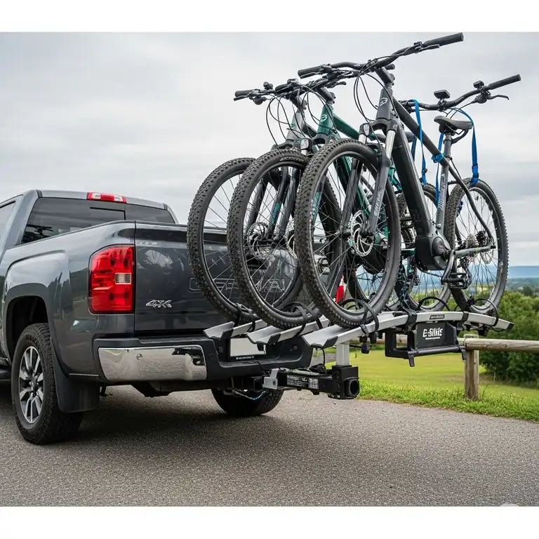 Heavy-duty e bike rack for truck securely mounted on a pickup, ready for transport.