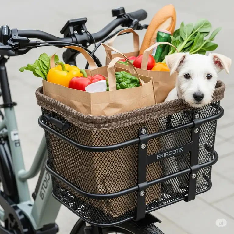 Close-up view of a spacious front ebike basket, perfect for carrying groceries or a small dog on electric bicycle rides.
