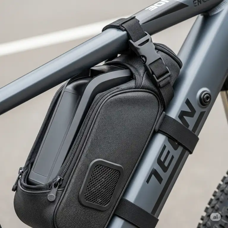 Close-up of a durable, water-resistant **ebike battery bag** securely mounted on a bicycle frame, showcasing its protective design for extended battery life.